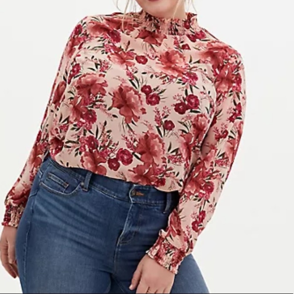 LIGHT PINK FLORAL SHEER CHIFFON SMOCKED MOCK NECK BLOUSE